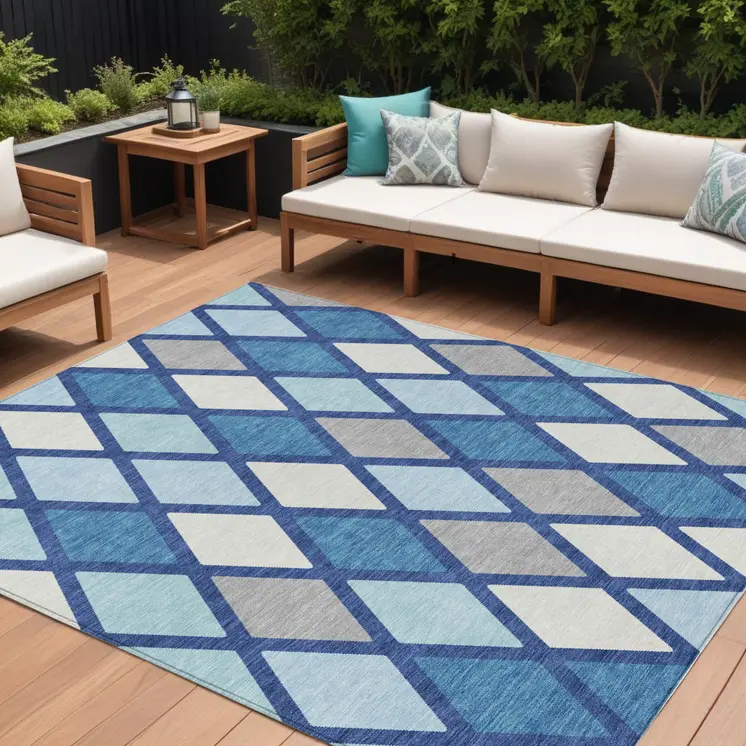 8' X 10' Navy Blue Sky Blue And Ivory Geometric Washable Indoor Outdoor Area Rug