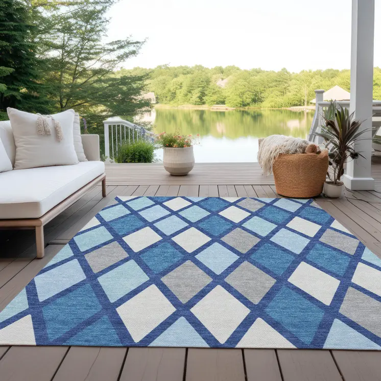 8' X 10' Navy Blue Sky Blue And Ivory Geometric Washable Indoor Outdoor Area Rug