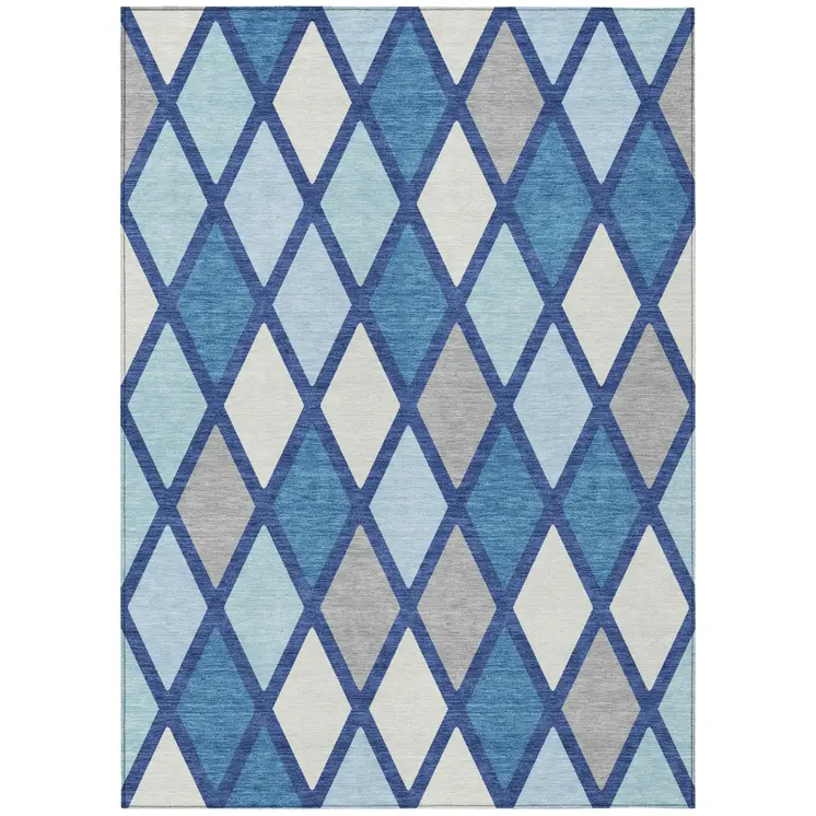 8' X 10' Navy Blue Sky Blue And Ivory Geometric Washable Indoor Outdoor Area Rug