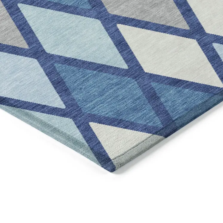 8' X 10' Navy Blue Sky Blue And Ivory Geometric Washable Indoor Outdoor Area Rug