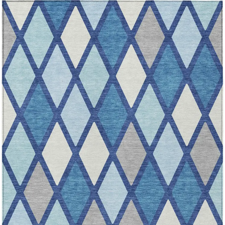 8' X 10' Navy Blue Sky Blue And Ivory Geometric Washable Indoor Outdoor Area Rug