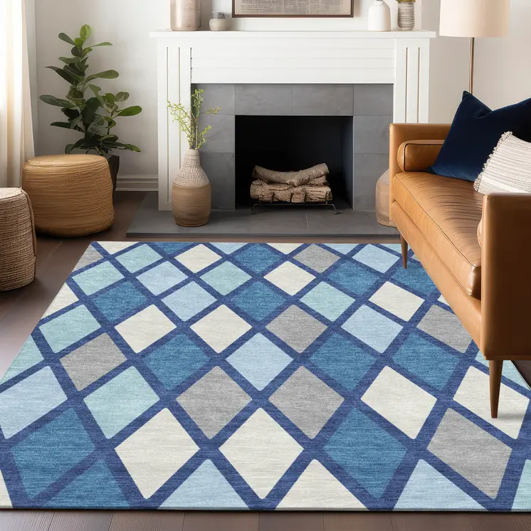 8' X 10' Navy Blue Sky Blue And Ivory Geometric Washable Indoor Outdoor Area Rug