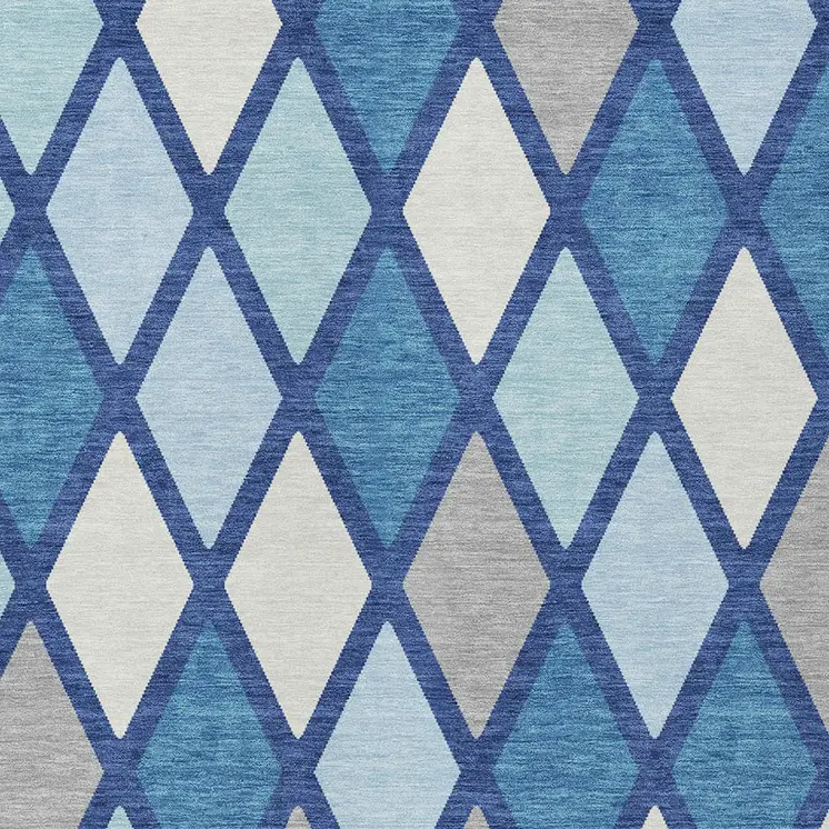 9' X 12' Navy Blue Sky Blue And Ivory Geometric Washable Indoor Outdoor Area Rug