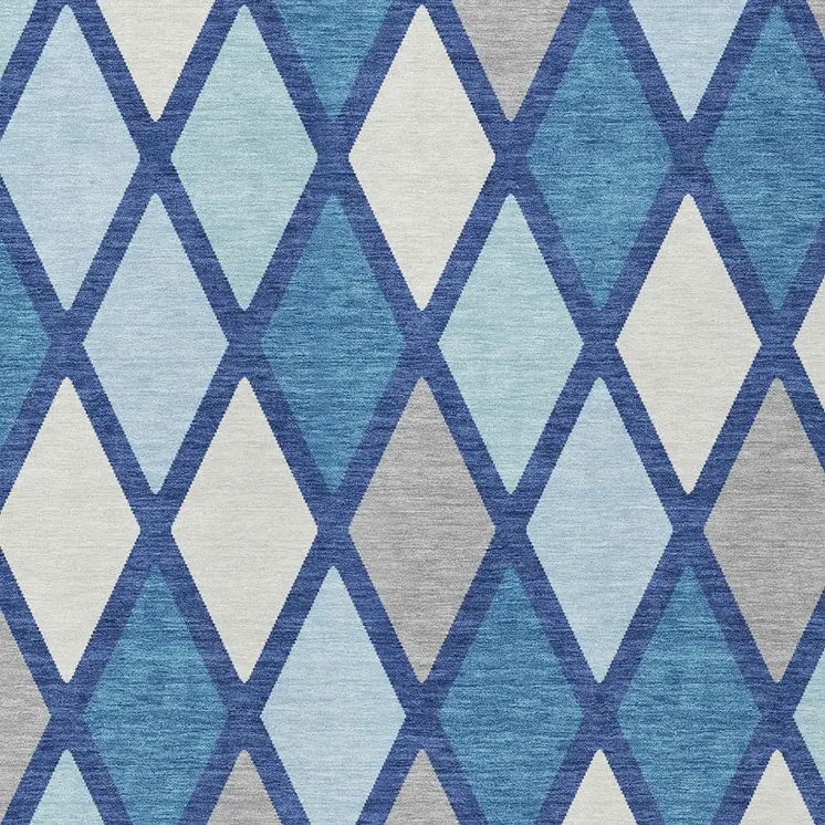 10' X 14' Navy Blue Sky Blue And Ivory Geometric Washable Indoor Outdoor Area Rug