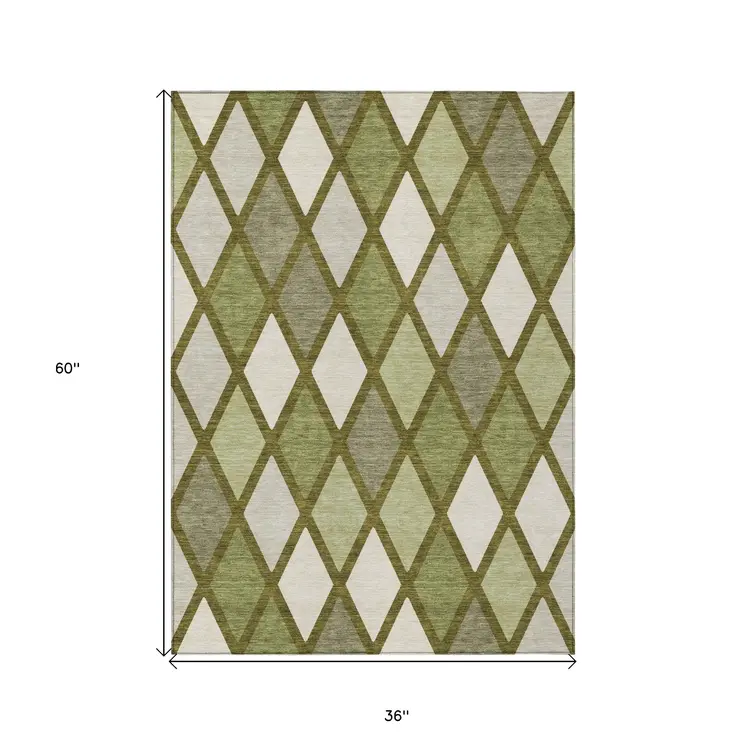 3' X 5' Olive Green And Gray Geometric Washable Indoor Outdoor Area Rug