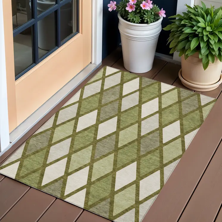 3' X 5' Olive Green And Gray Geometric Washable Indoor Outdoor Area Rug