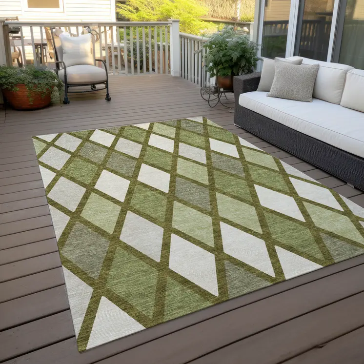 3' X 5' Olive Green And Gray Geometric Washable Indoor Outdoor Area Rug