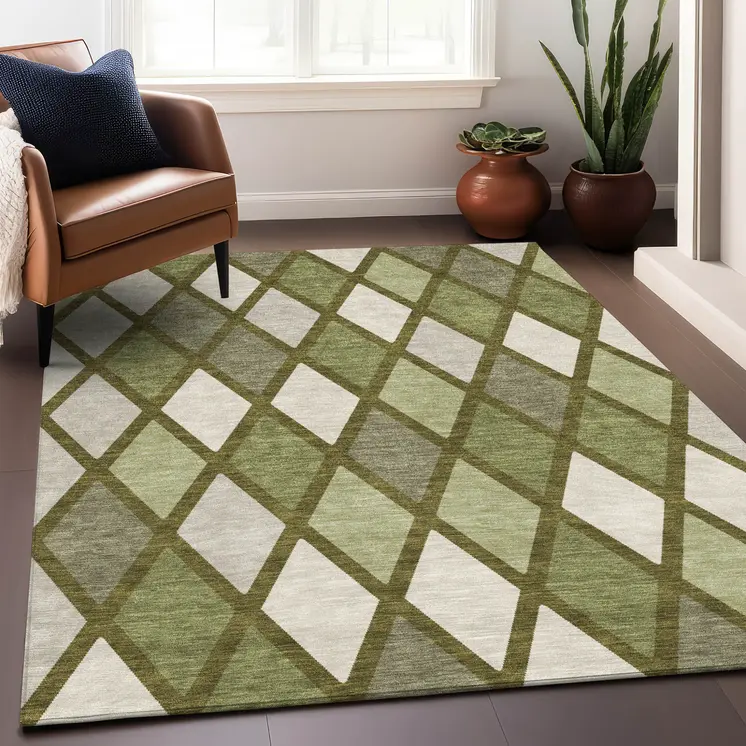 3' X 5' Olive Green And Gray Geometric Washable Indoor Outdoor Area Rug