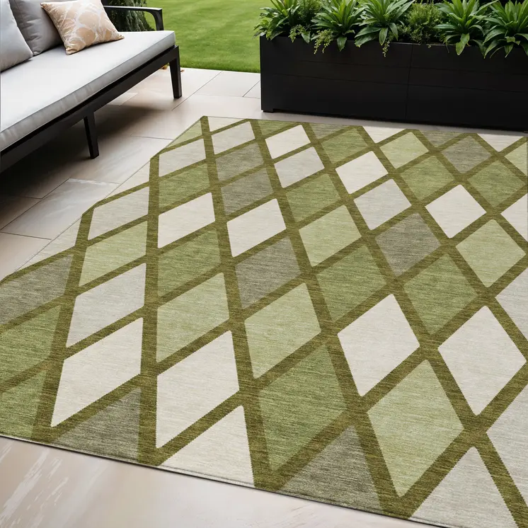 5' X 8' Olive Green And Gray Geometric Washable Indoor Outdoor Area Rug