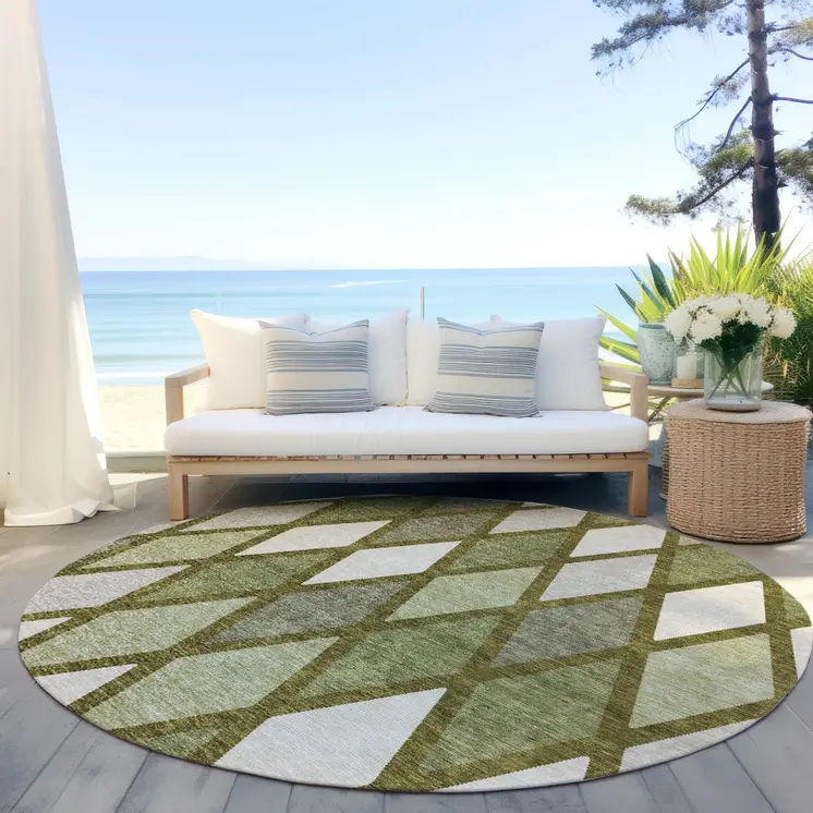 8' Olive Green And Gray Round Geometric Washable Indoor Outdoor Area Rug