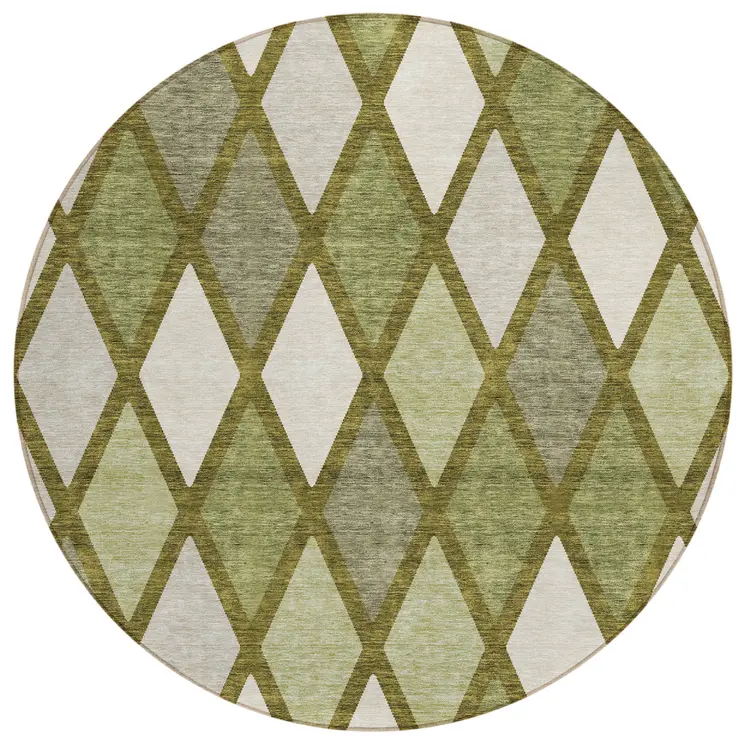 8' Olive Green And Gray Round Geometric Washable Indoor Outdoor Area Rug