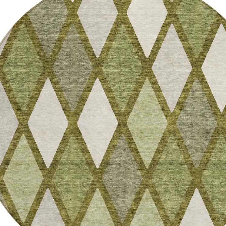 8' Olive Green And Gray Round Geometric Washable Indoor Outdoor Area Rug
