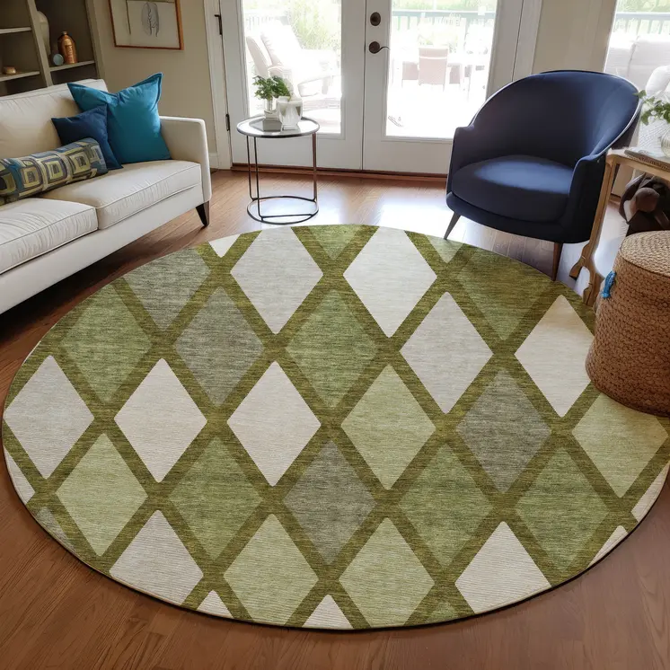 8' Olive Green And Gray Round Geometric Washable Indoor Outdoor Area Rug