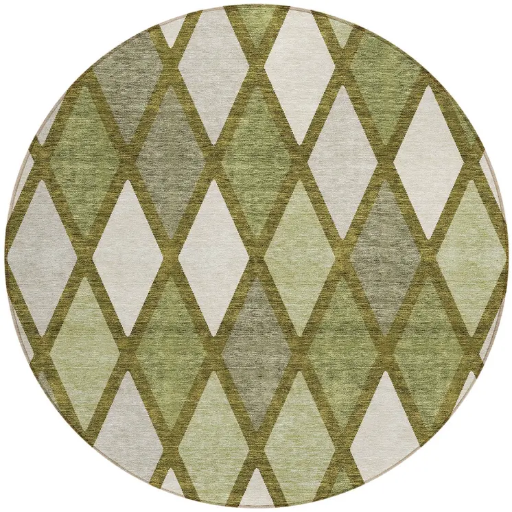 8' Olive Green And Gray Round Geometric Washable Indoor Outdoor Area Rug