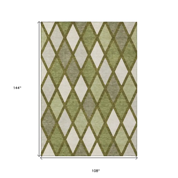 9' X 12' Olive Green And Gray Geometric Washable Indoor Outdoor Area Rug