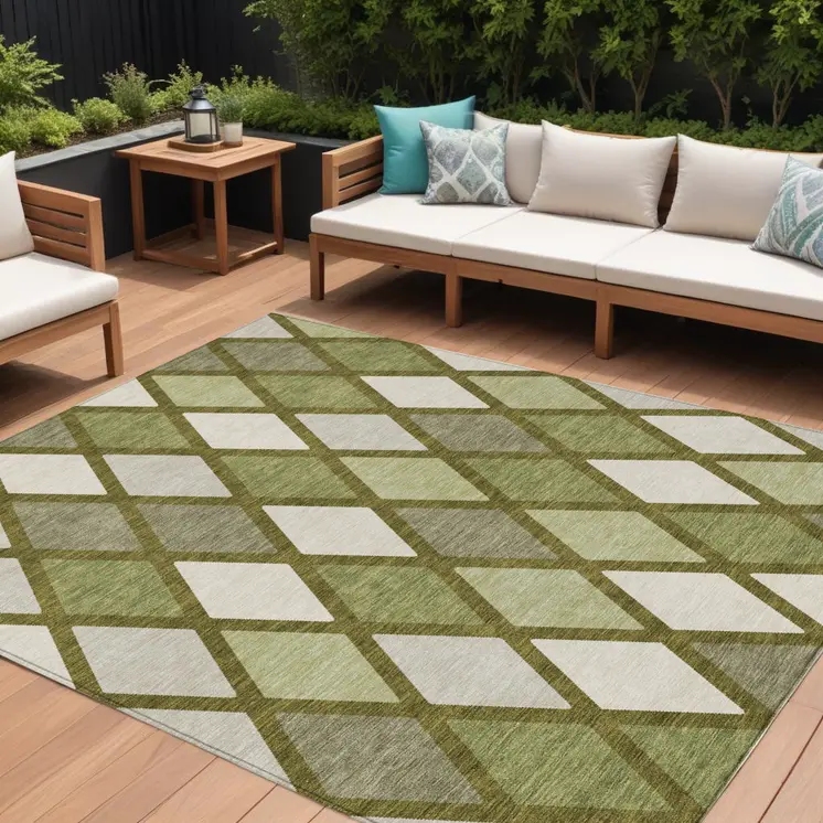 9' X 12' Olive Green And Gray Geometric Washable Indoor Outdoor Area Rug