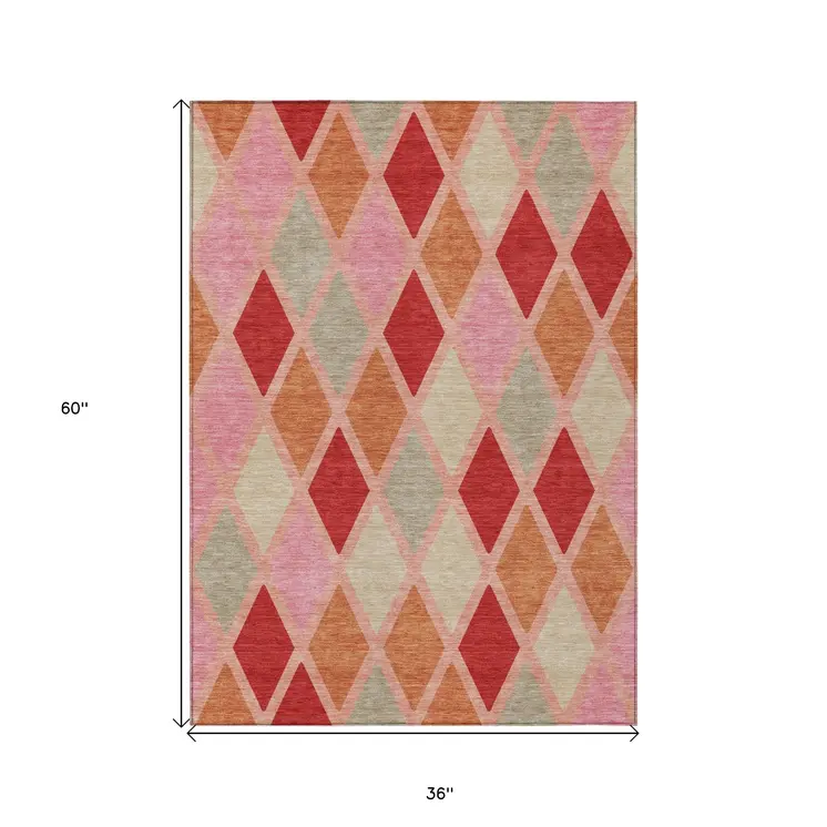 3' X 5' Pink Red And Copper Geometric Washable Indoor Outdoor Area Rug