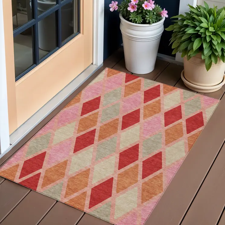 3' X 5' Pink Red And Copper Geometric Washable Indoor Outdoor Area Rug