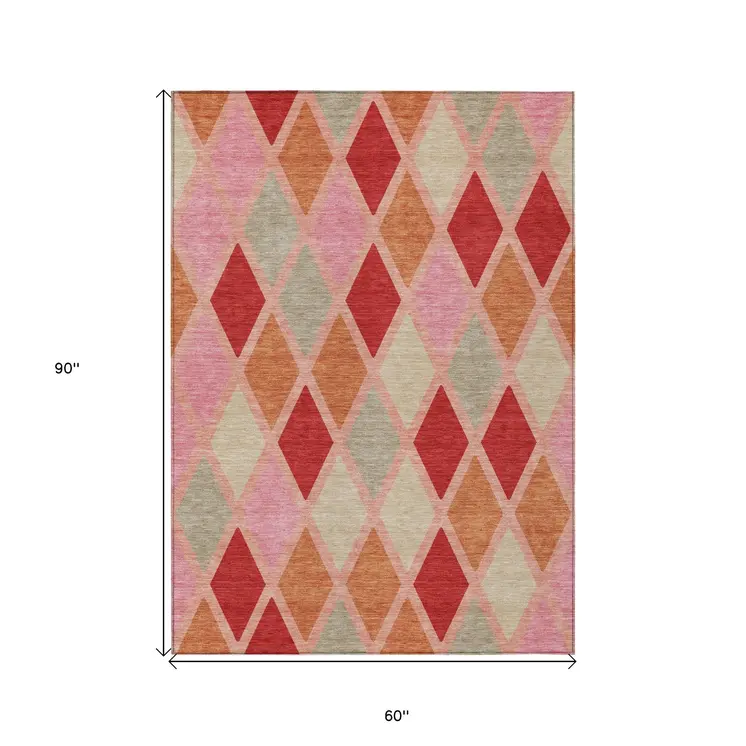 5' X 8' Pink Red And Copper Geometric Washable Indoor Outdoor Area Rug