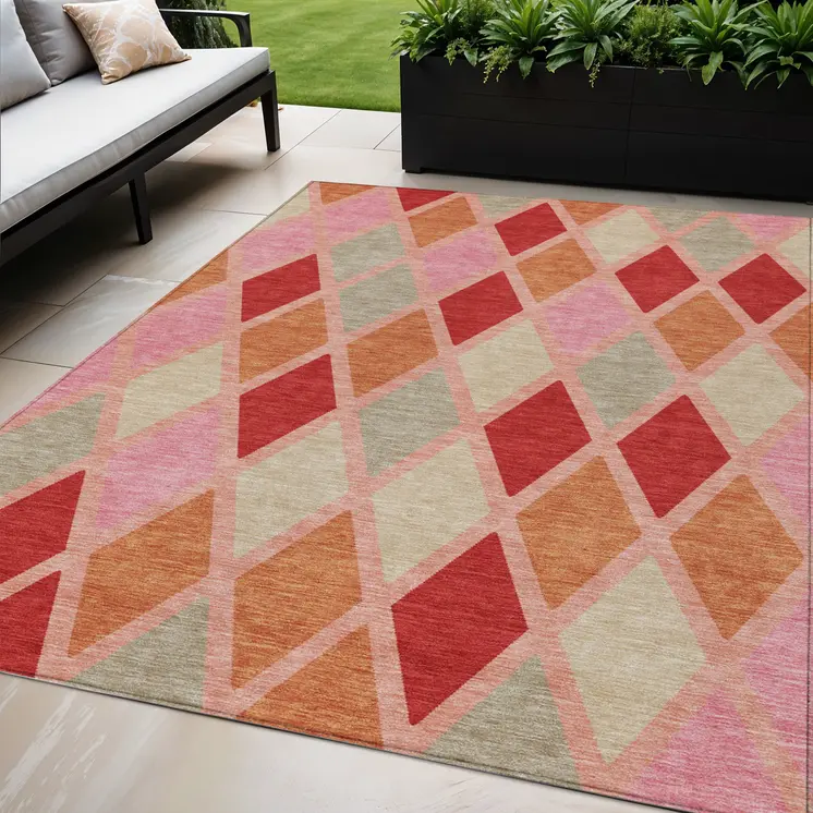 5' X 8' Pink Red And Copper Geometric Washable Indoor Outdoor Area Rug