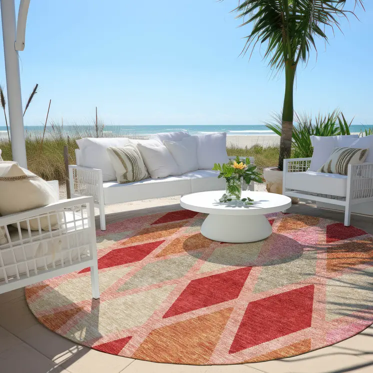 8' Pink Red And Copper Round Geometric Washable Indoor Outdoor Area Rug