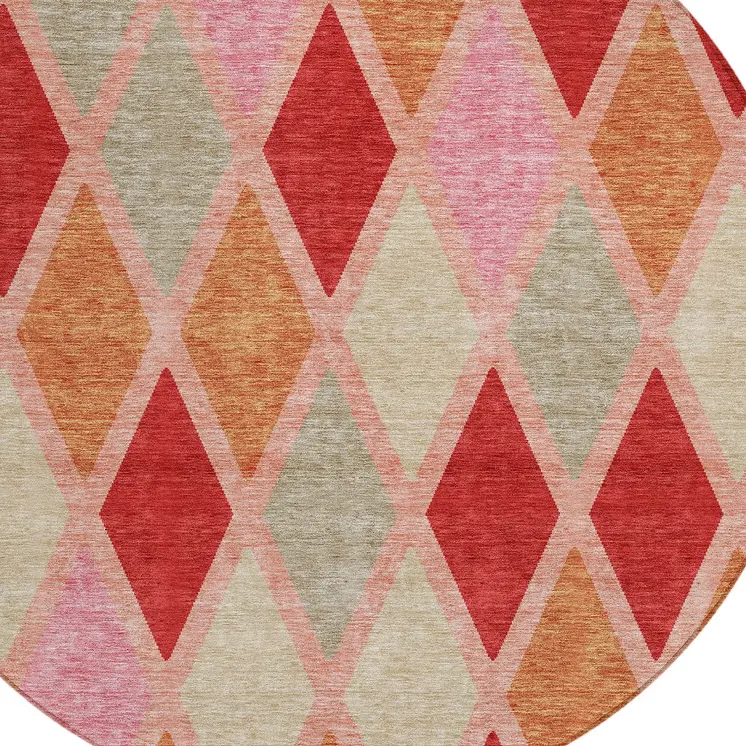 8' Pink Red And Copper Round Geometric Washable Indoor Outdoor Area Rug