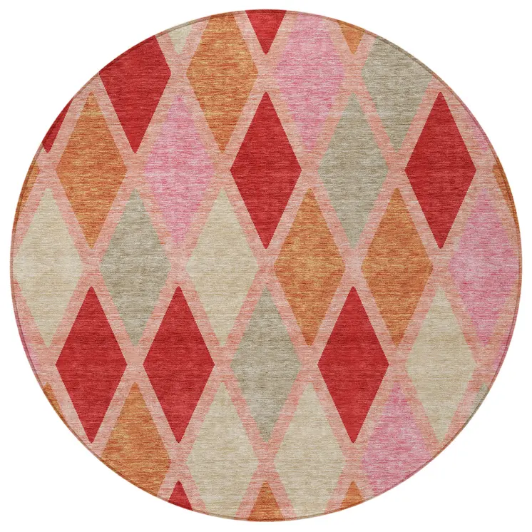 8' Pink Red And Copper Round Geometric Washable Indoor Outdoor Area Rug