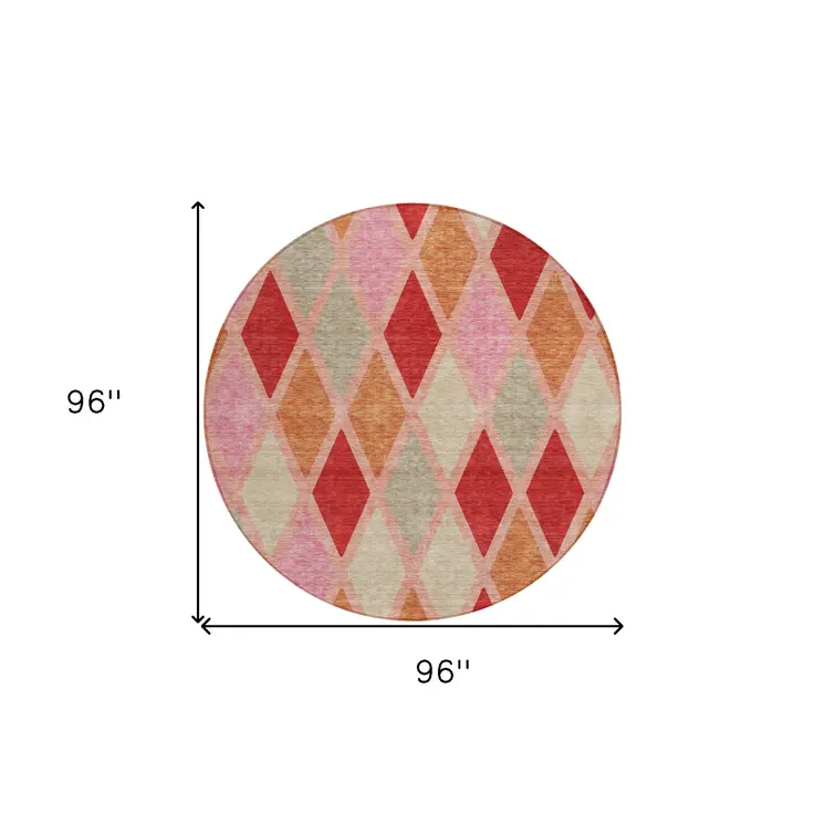 8' Pink Red And Copper Round Geometric Washable Indoor Outdoor Area Rug