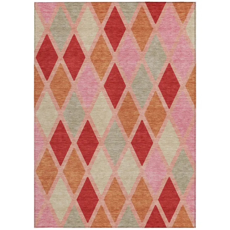 9' X 12' Pink Red And Copper Geometric Washable Indoor Outdoor Area Rug