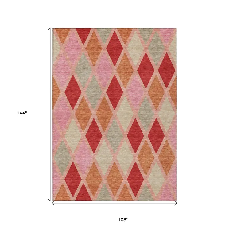 9' X 12' Pink Red And Copper Geometric Washable Indoor Outdoor Area Rug