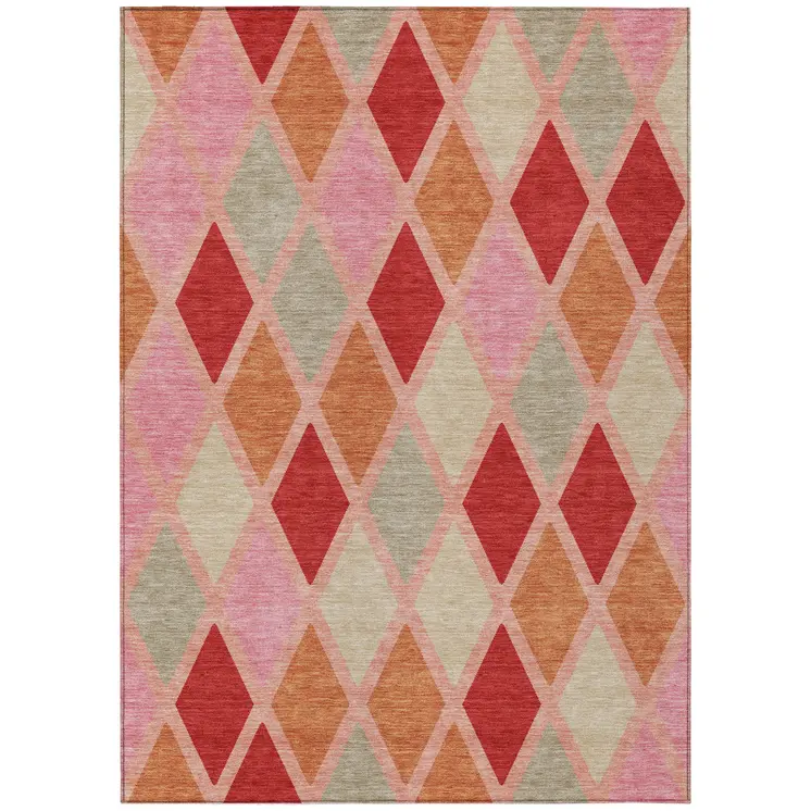 9' X 12' Pink Red And Copper Geometric Washable Indoor Outdoor Area Rug