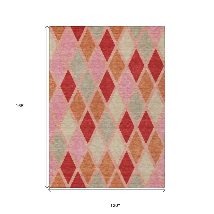 10' X 14' Pink Red And Copper Geometric Washable Indoor Outdoor Area Rug