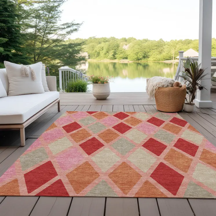 10' X 14' Pink Red And Copper Geometric Washable Indoor Outdoor Area Rug
