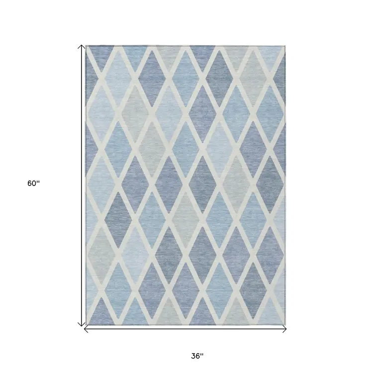 3' X 5' Sky Blue And Ivory Geometric Washable Indoor Outdoor Area Rug