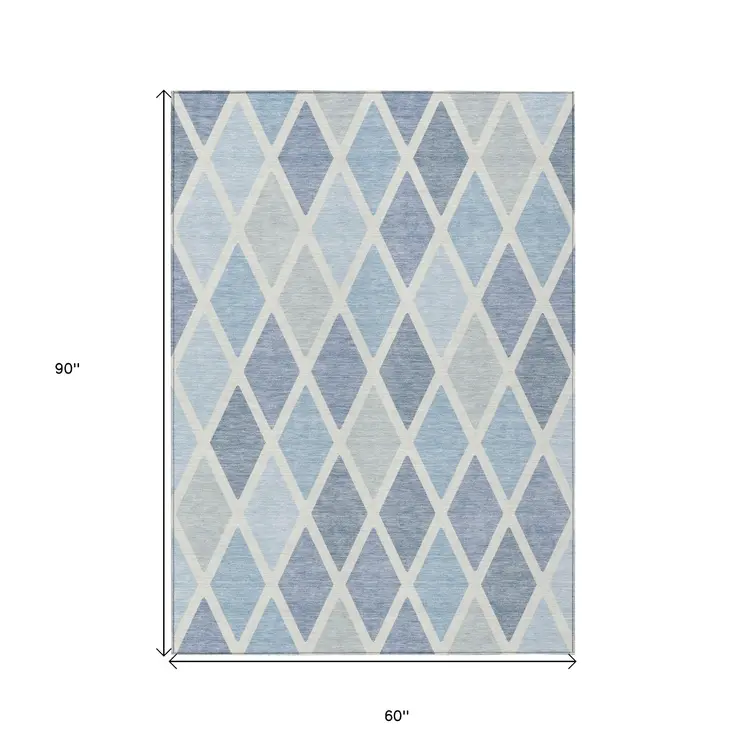 5' X 8' Sky Blue And Ivory Geometric Washable Indoor Outdoor Area Rug