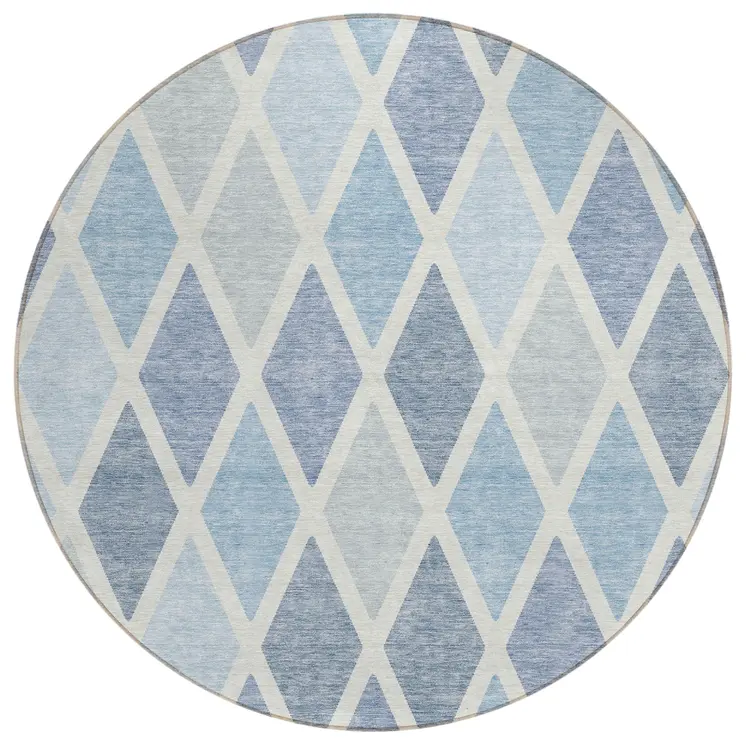 8' Sky Blue And Ivory Round Geometric Washable Indoor Outdoor Area Rug