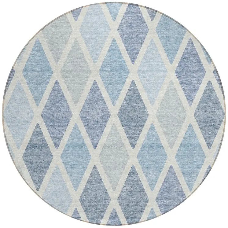 8' Sky Blue And Ivory Round Geometric Washable Indoor Outdoor Area Rug