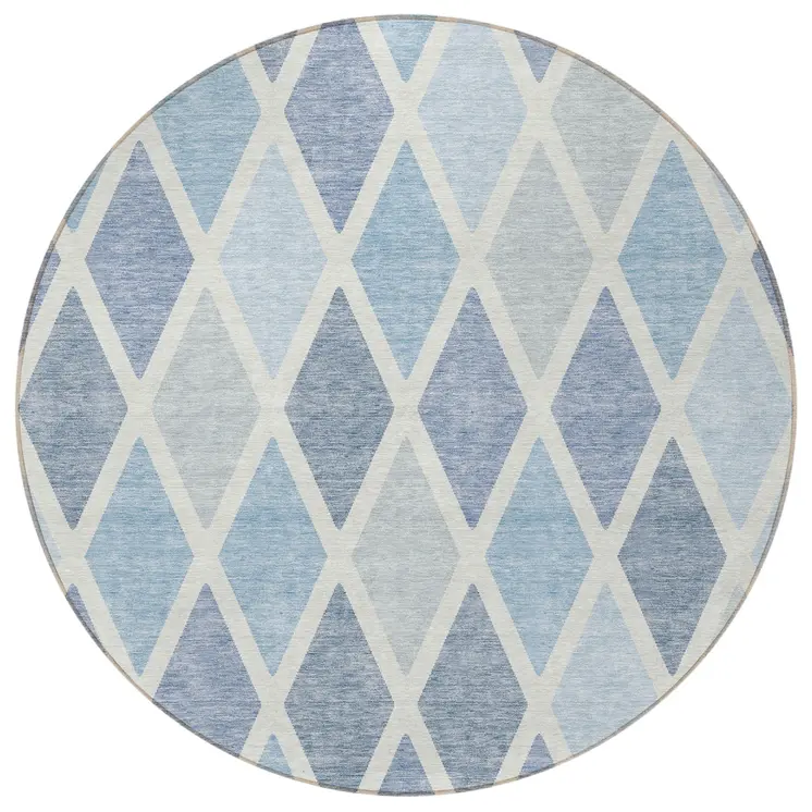8' Sky Blue And Ivory Round Geometric Washable Indoor Outdoor Area Rug