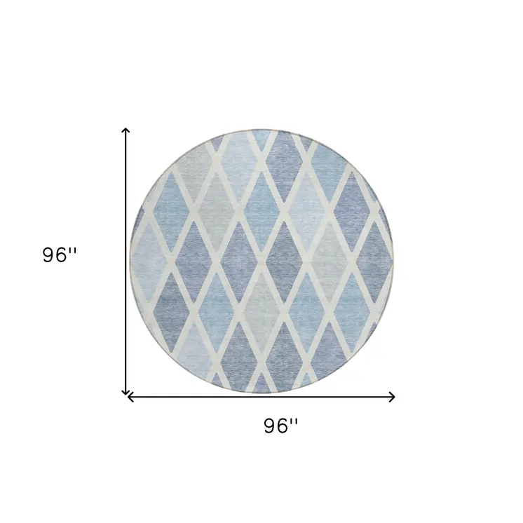 8' Sky Blue And Ivory Round Geometric Washable Indoor Outdoor Area Rug