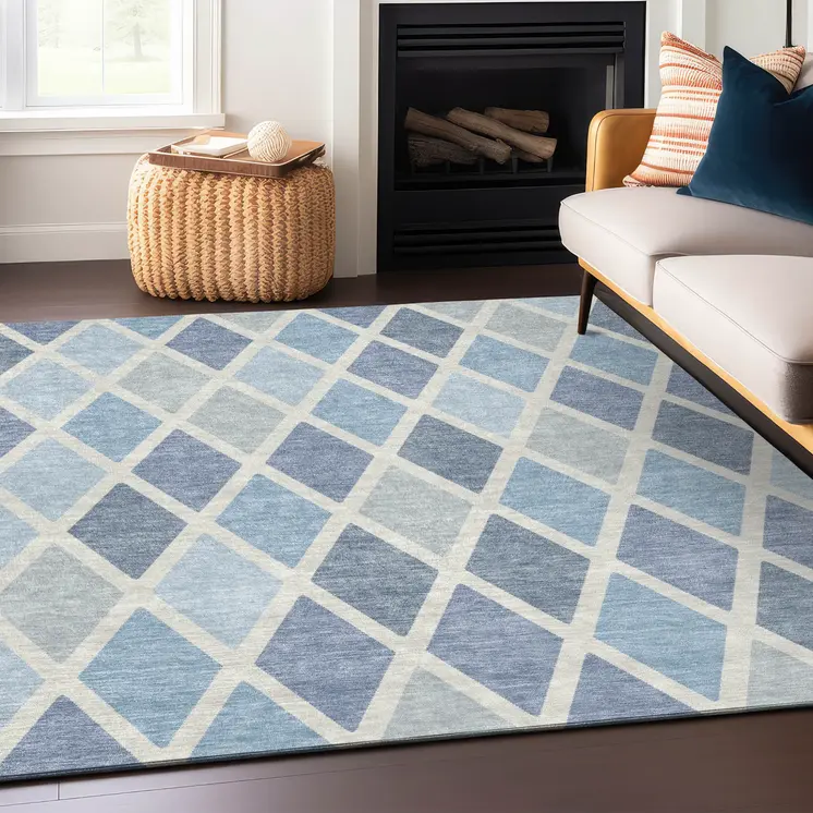 8' X 10' Sky Blue And Ivory Geometric Washable Indoor Outdoor Area Rug