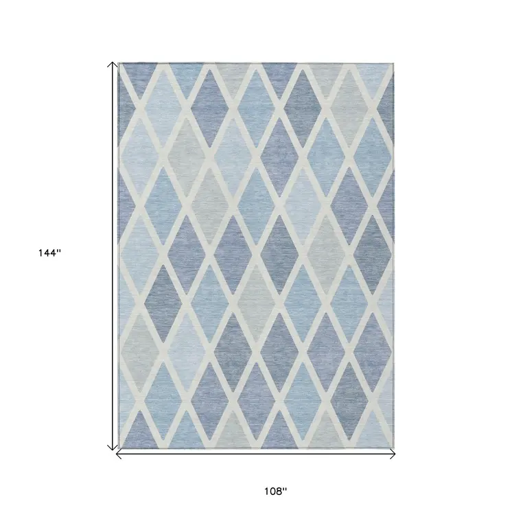 9' X 12' Sky Blue And Ivory Geometric Washable Indoor Outdoor Area Rug