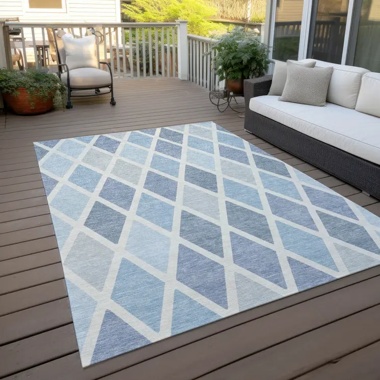 10' X 14' Sky Blue And Ivory Geometric Washable Indoor Outdoor Area Rug