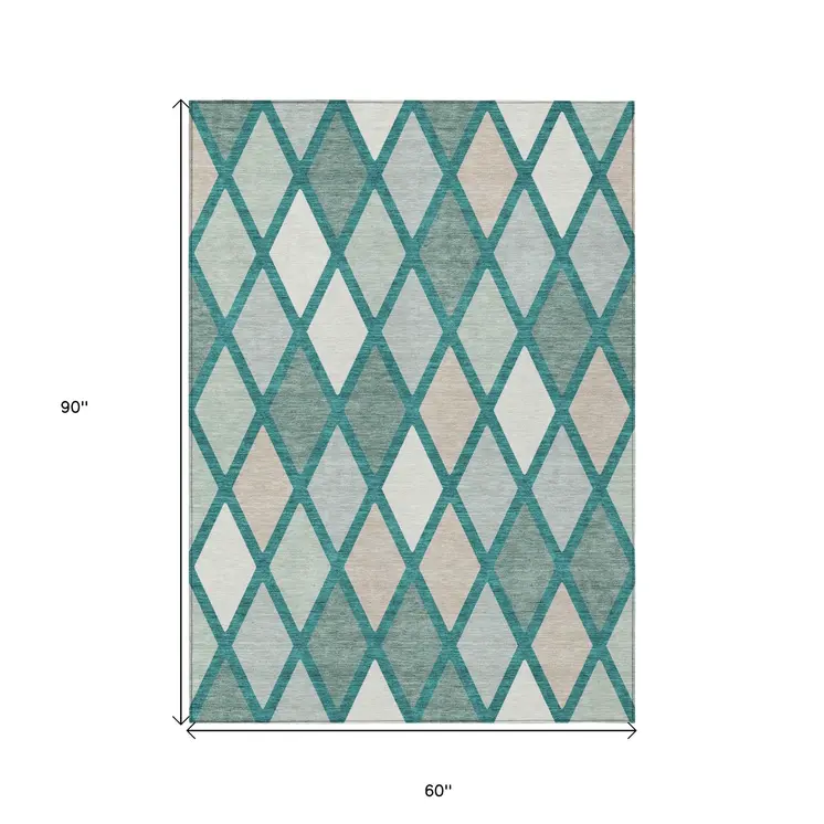 5' X 8' Teal Blue Ivory And Beige Geometric Washable Indoor Outdoor Area Rug