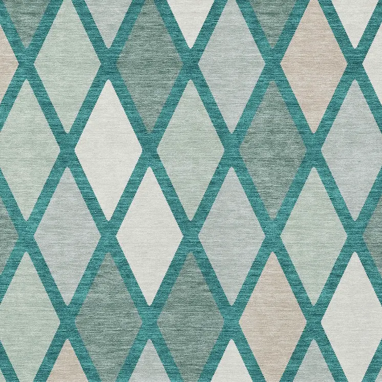 5' X 8' Teal Blue Ivory And Beige Geometric Washable Indoor Outdoor Area Rug