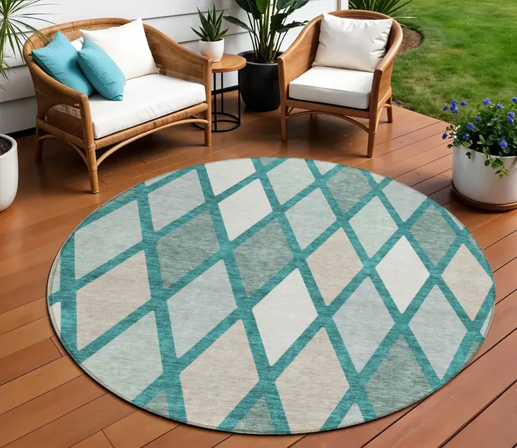 8' Teal Blue Ivory And Beige Round Geometric Washable Indoor Outdoor Area Rug