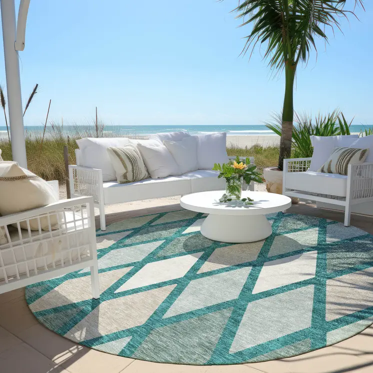 8' Teal Blue Ivory And Beige Round Geometric Washable Indoor Outdoor Area Rug