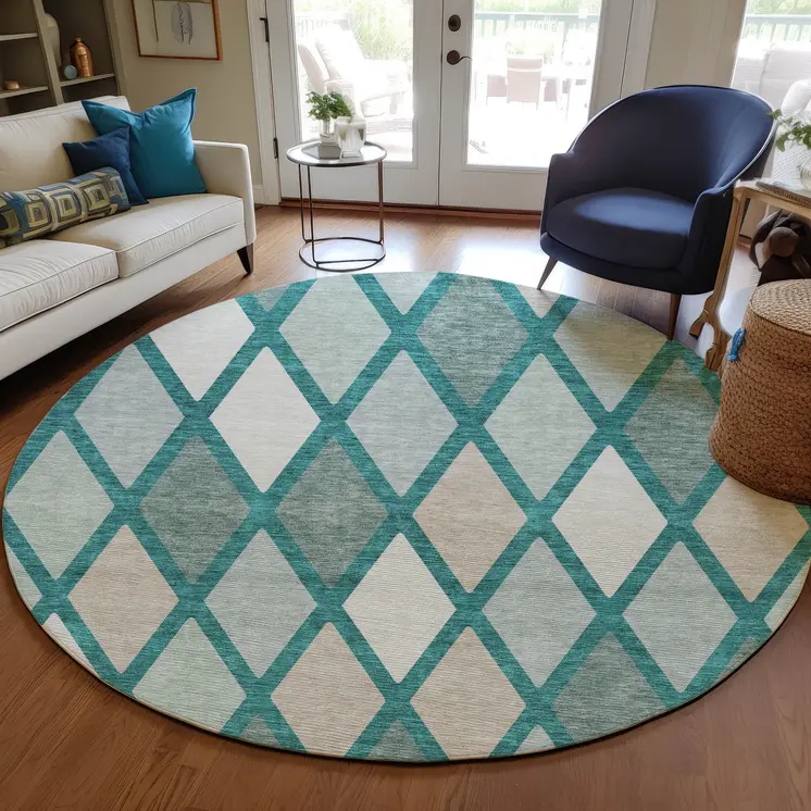 8' Teal Blue Ivory And Beige Round Geometric Washable Indoor Outdoor Area Rug