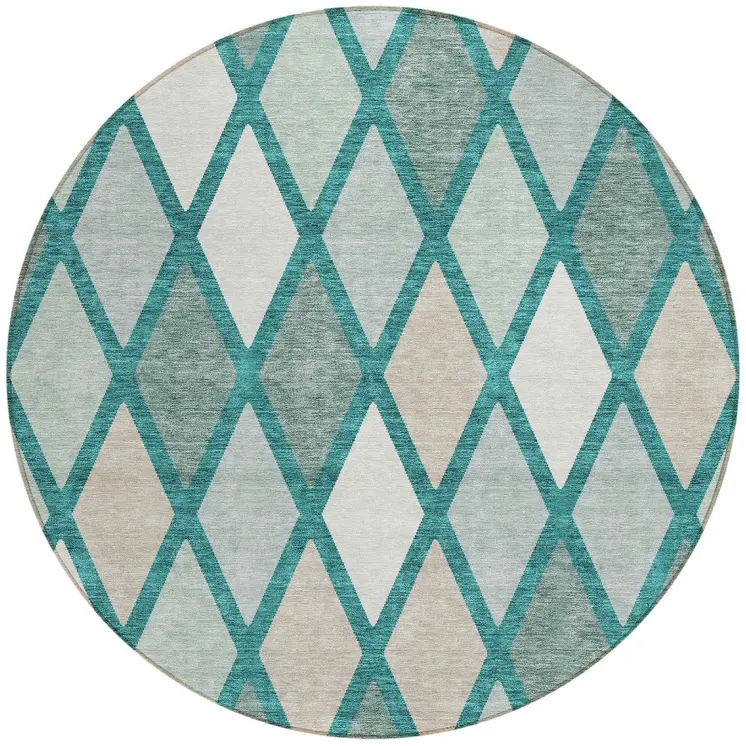 8' Teal Blue Ivory And Beige Round Geometric Washable Indoor Outdoor Area Rug