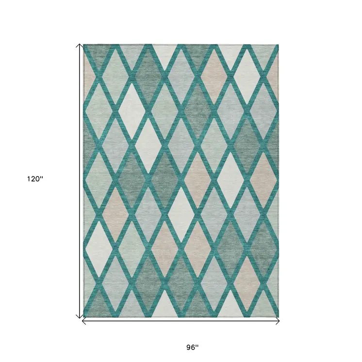 8' X 10' Teal Blue Ivory And Beige Geometric Washable Indoor Outdoor Area Rug