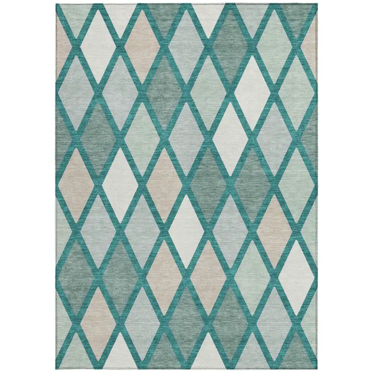 9' X 12' Teal Blue Ivory And Beige Geometric Washable Indoor Outdoor Area Rug